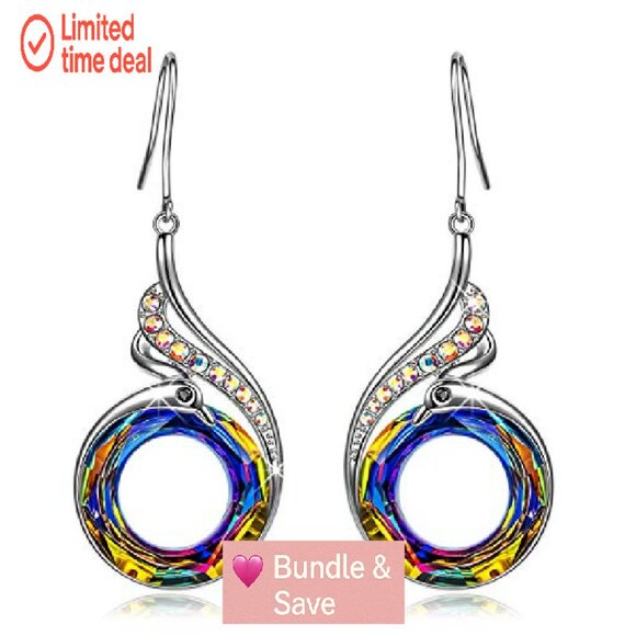 Sterling Silver Dangle Earrings with Austrian Crystals, Phoenix Symbol - Picture 2 of 8